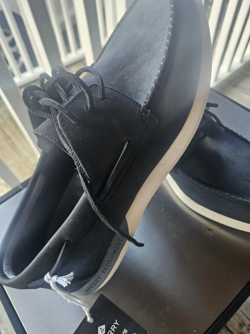 Sperry Black Leather Two-Eye Boat Shoes with Cream Sole Size 11.5